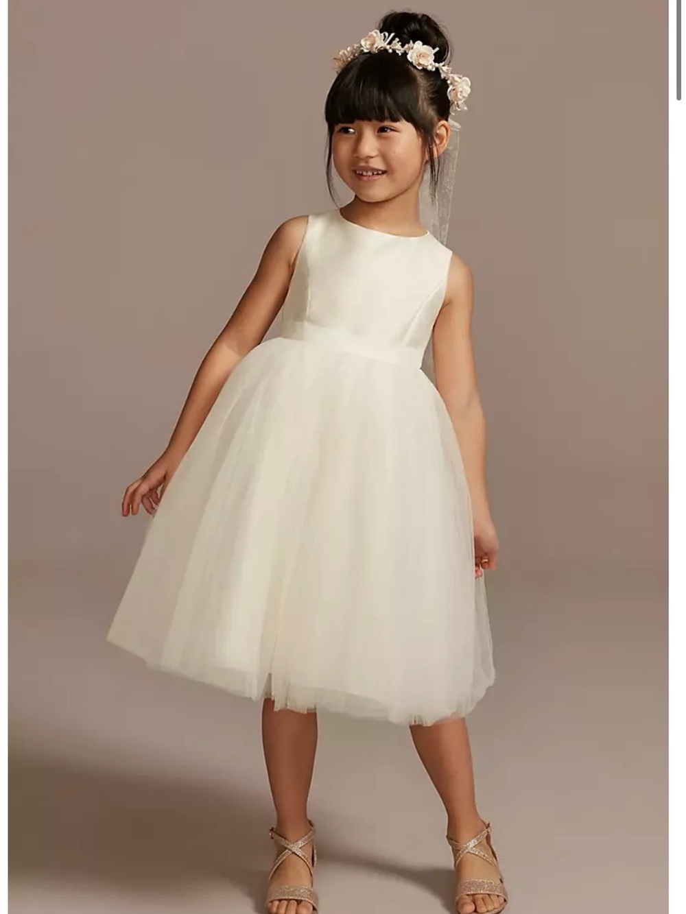 David's Bridal White Tulle Flower Girl Dress with Satin Waist